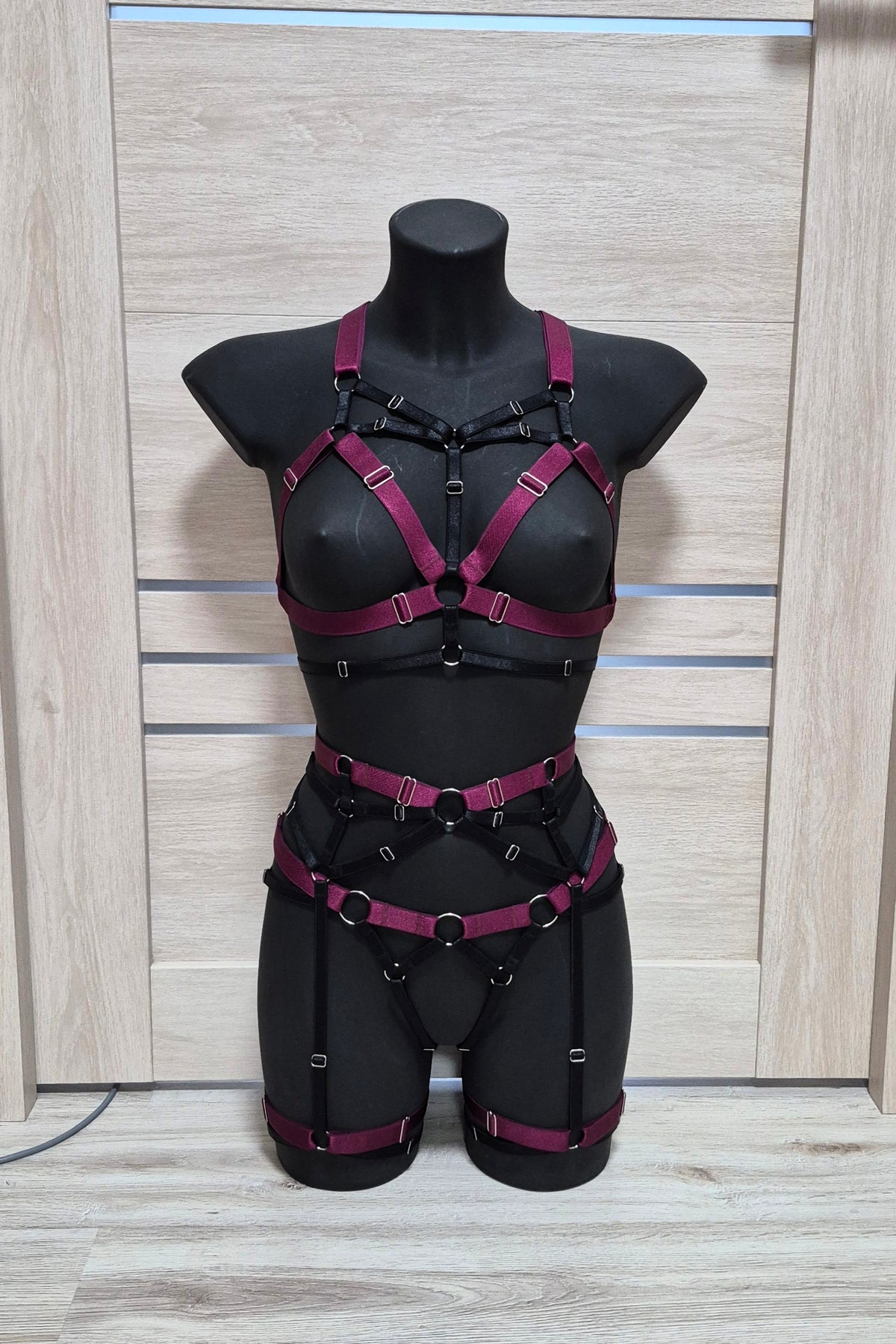 Chaos - burgundy with black harness lingerie set