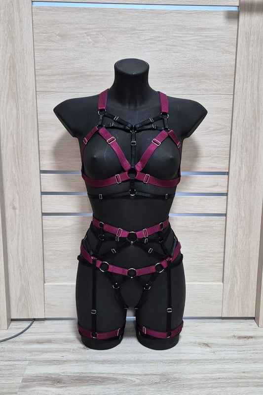 Chaos - burgundy with black harness lingerie set