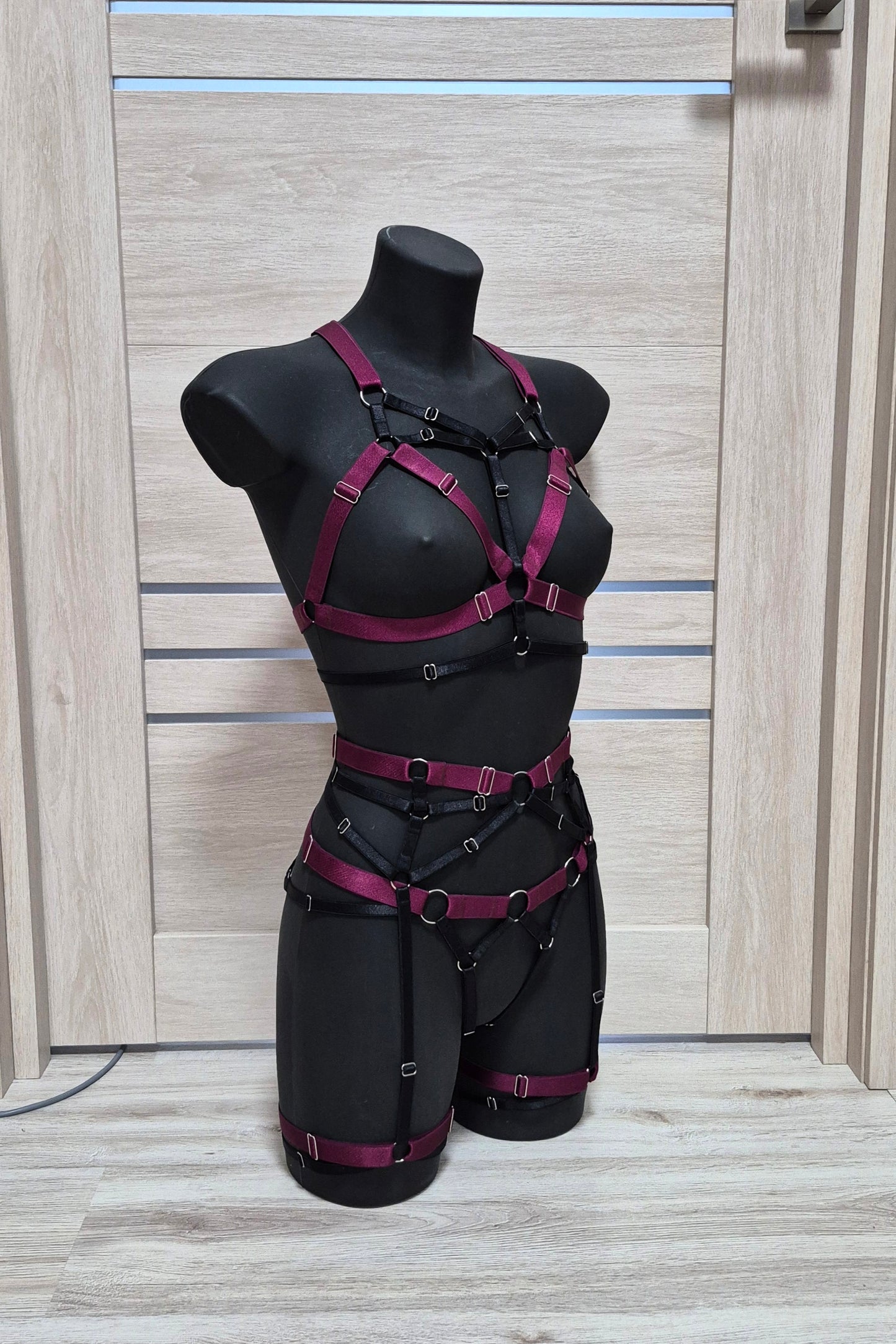 Chaos - burgundy with black harness lingerie set