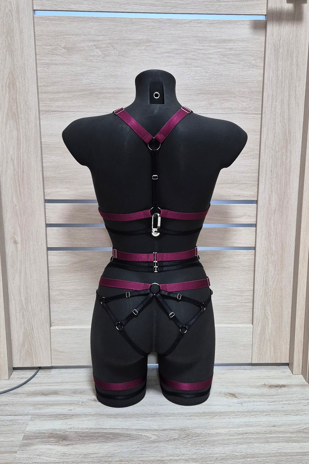 Chaos - burgundy with black harness lingerie set