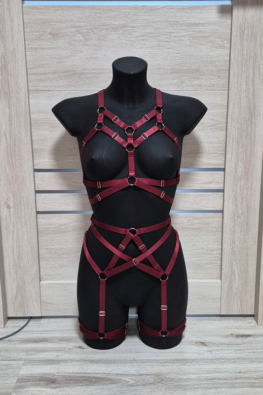 Sif - burgundy open cage harness and leg garter belt