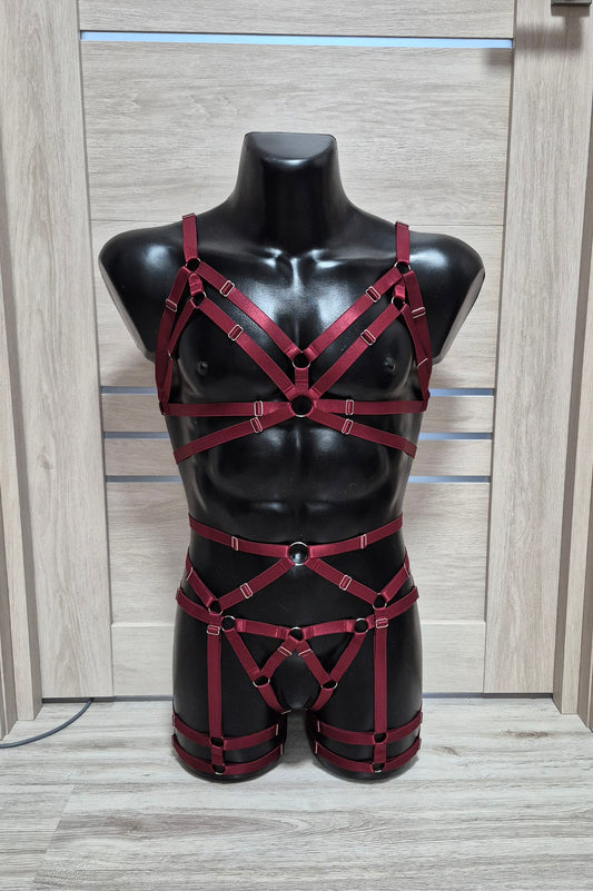Fulla II men - burgundy harness lingerie set kinky outfit