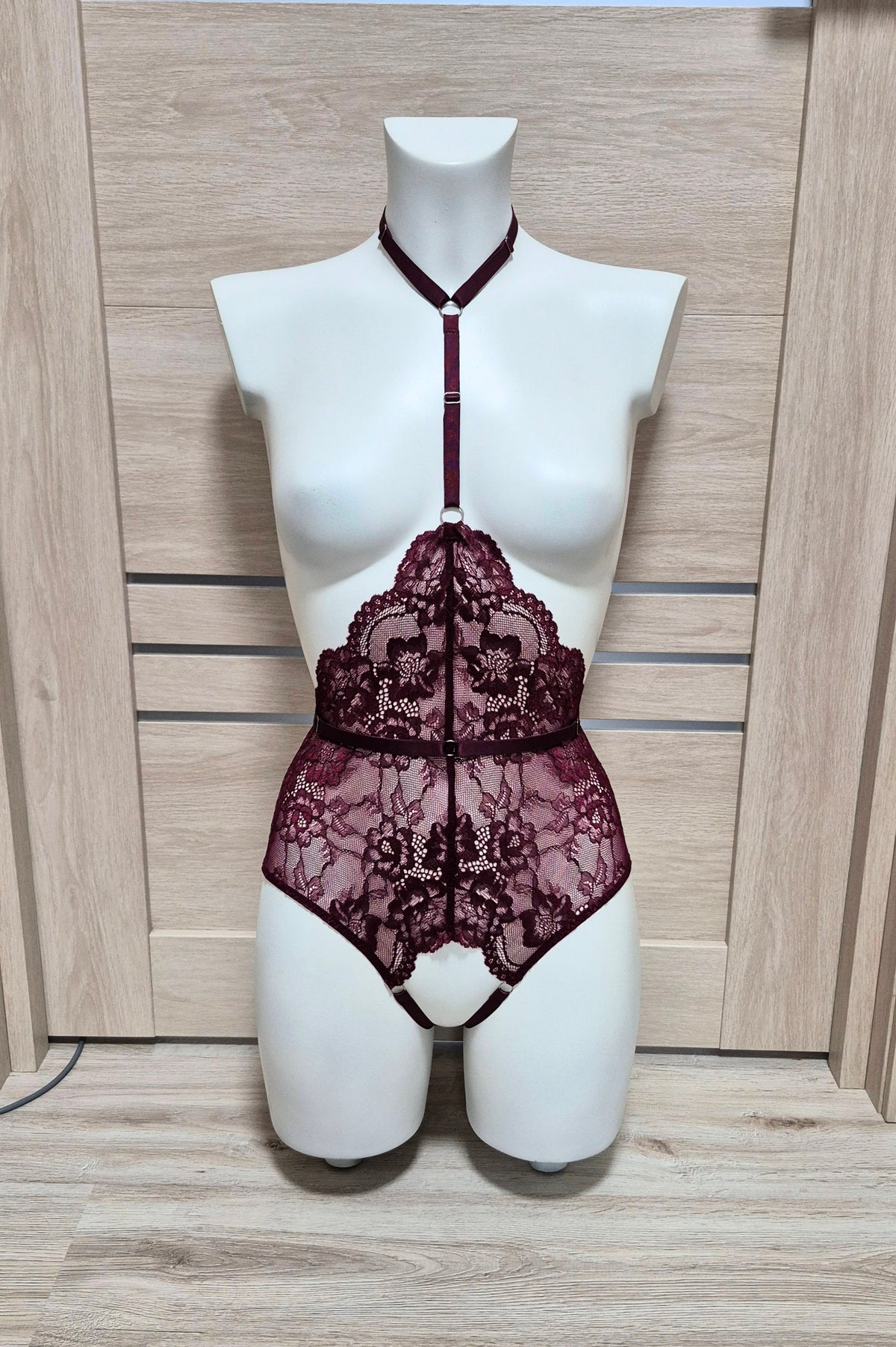 Calliope - burgundy sheer lace bodysuit