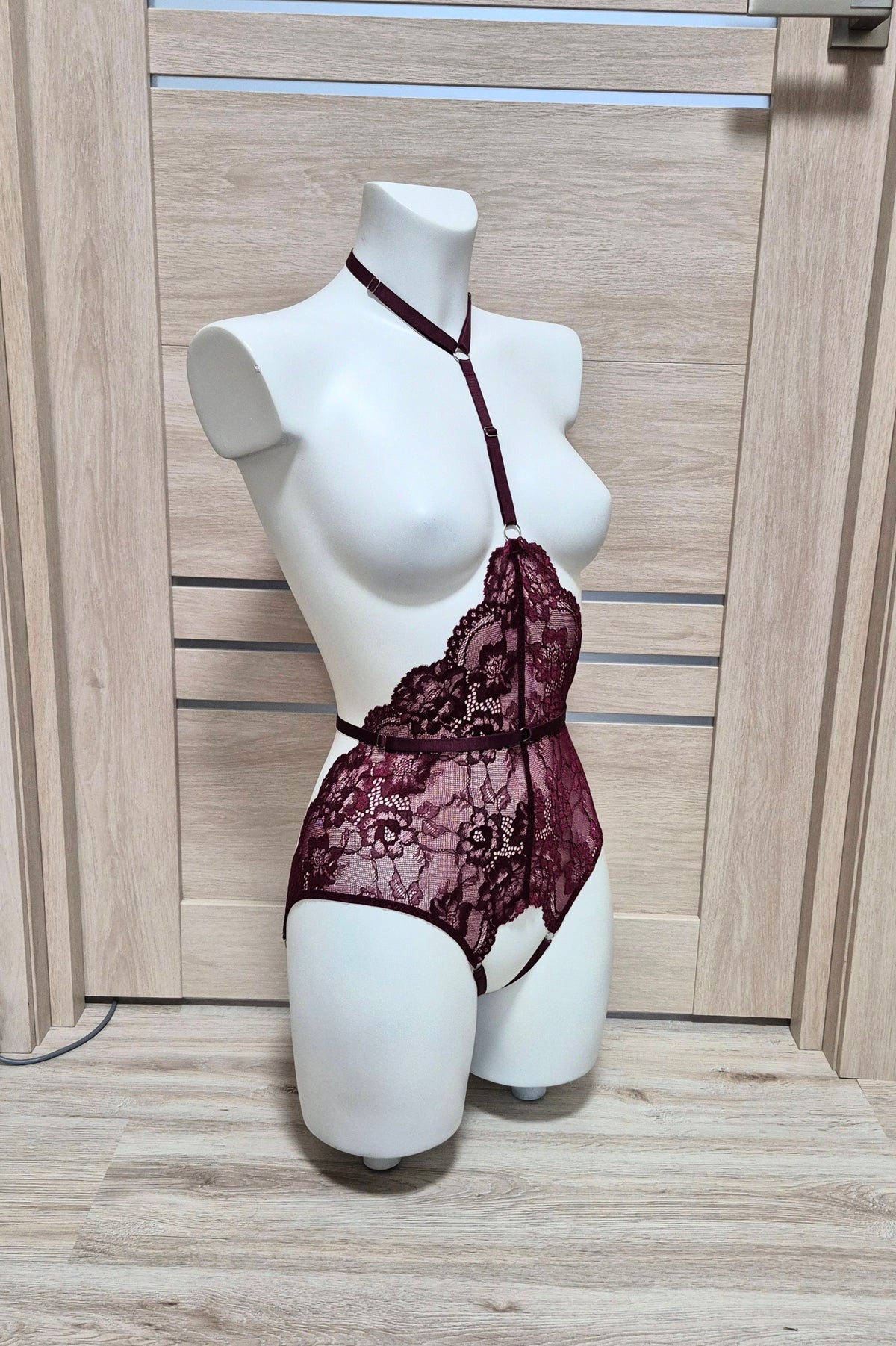 Calliope - burgundy sheer lace bodysuit