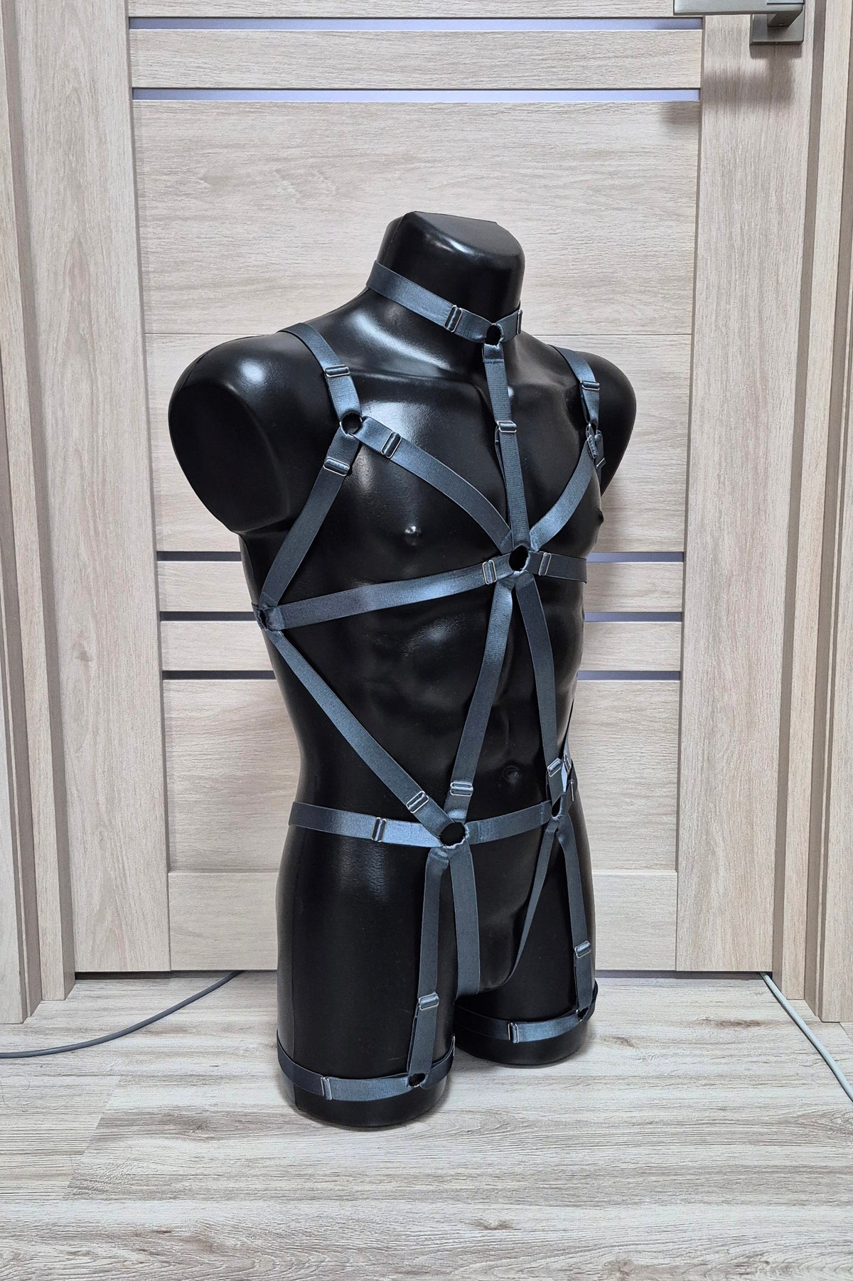 Gray open crotch harness male bodysuit