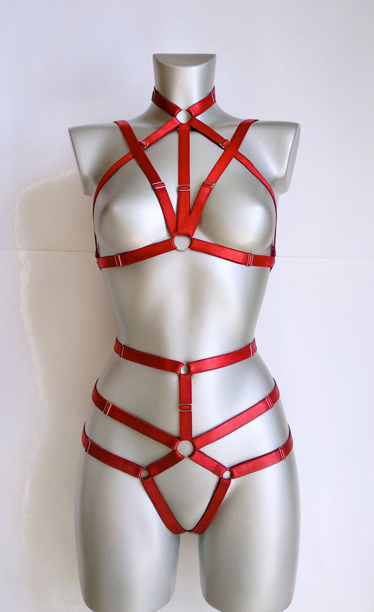 Katniss - red harness lingerie set with chest harness
