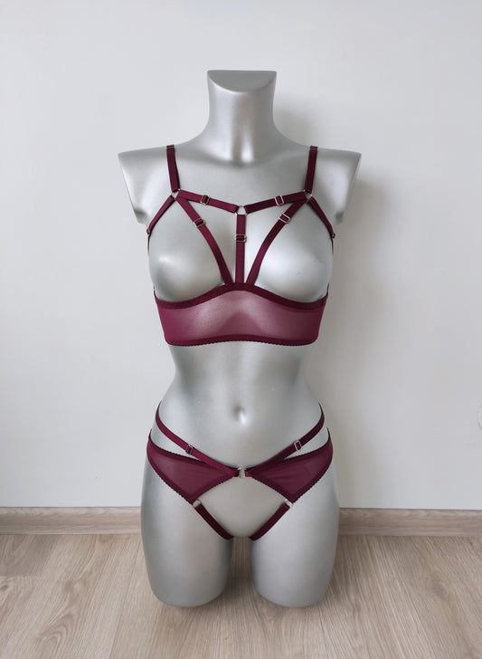 Frigg - wine transparent open lingerie set for women