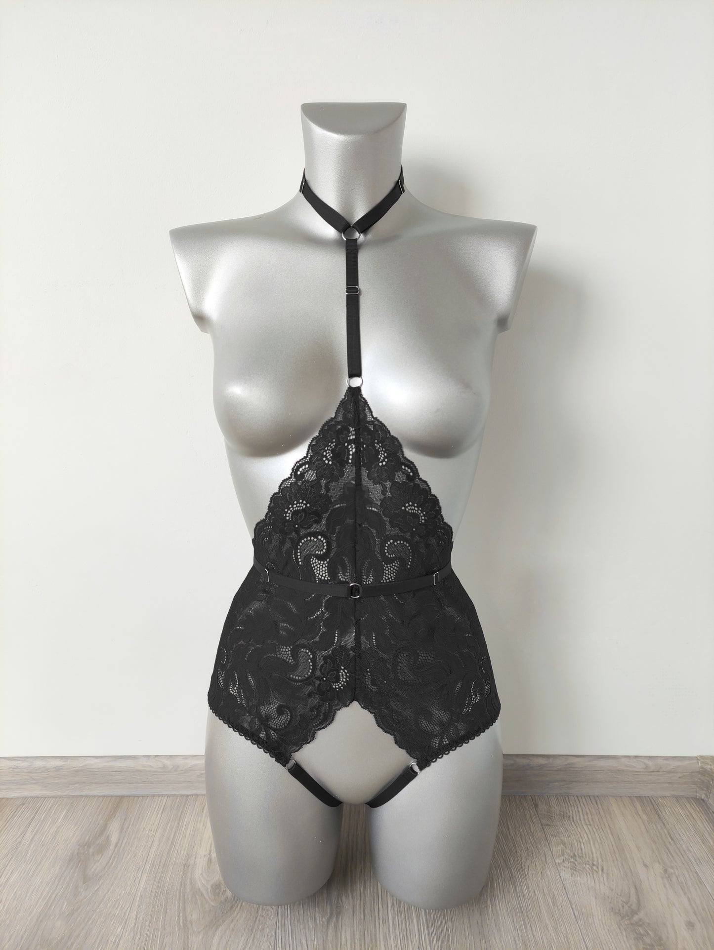 Calliope - black open crotch bodysuit with collar harness