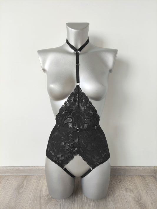 Calliope - black open crotch bodysuit with collar harness