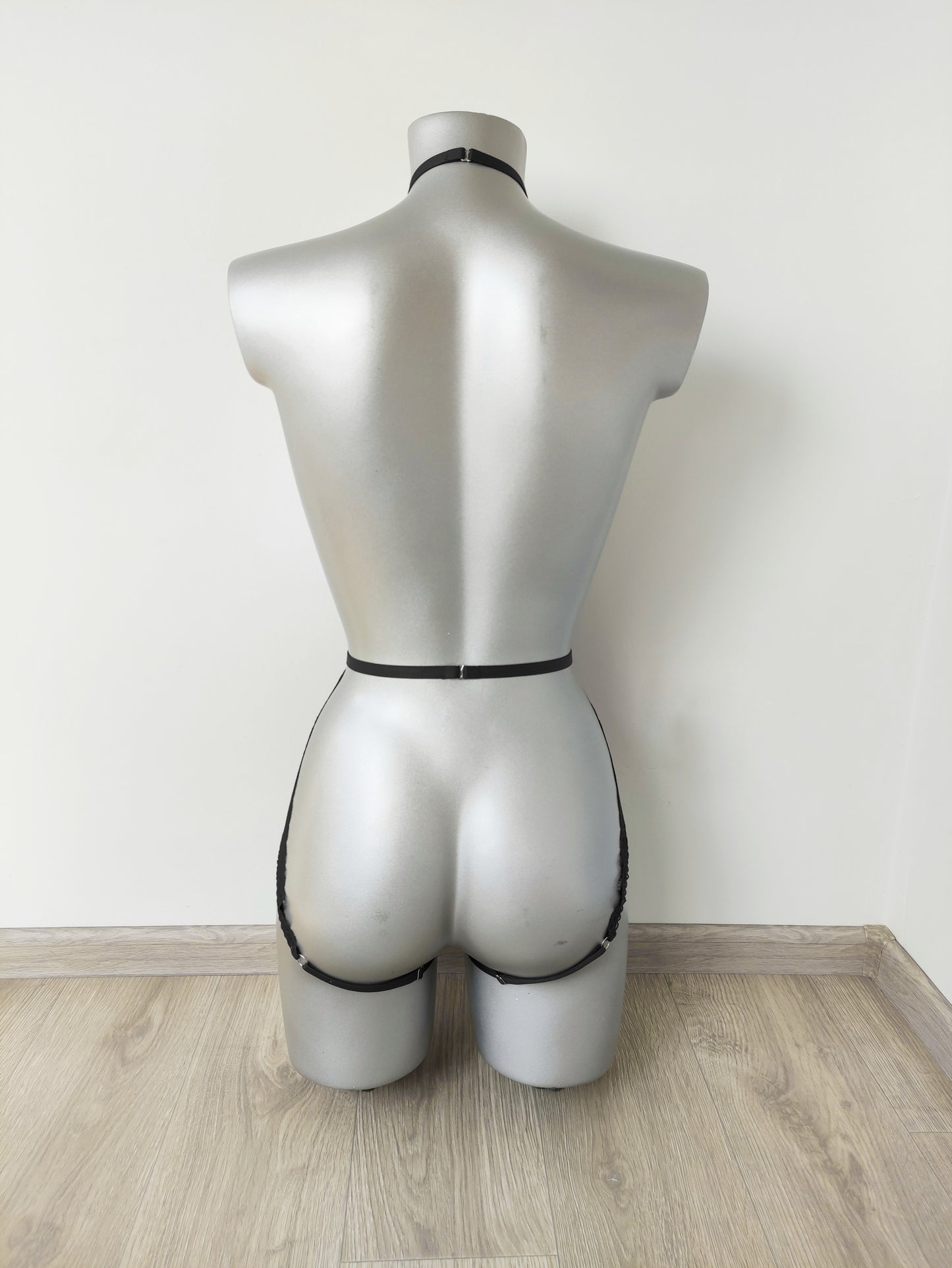 Calliope - black open crotch bodysuit with collar harness