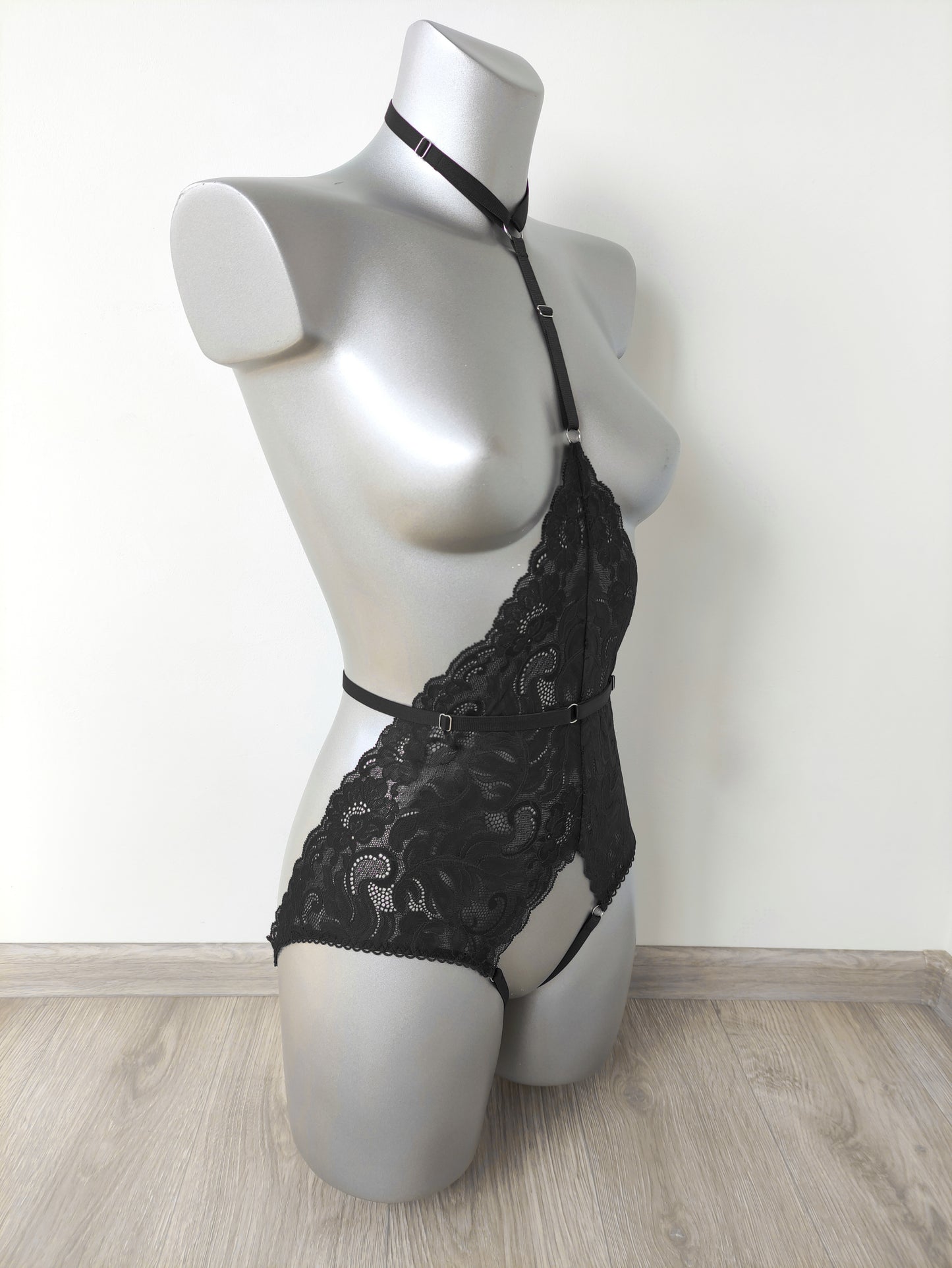 Calliope - black open crotch bodysuit with collar harness