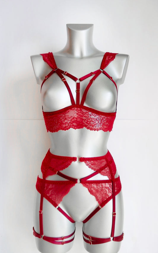 Cleopatra - red lace sheer women lingerie set