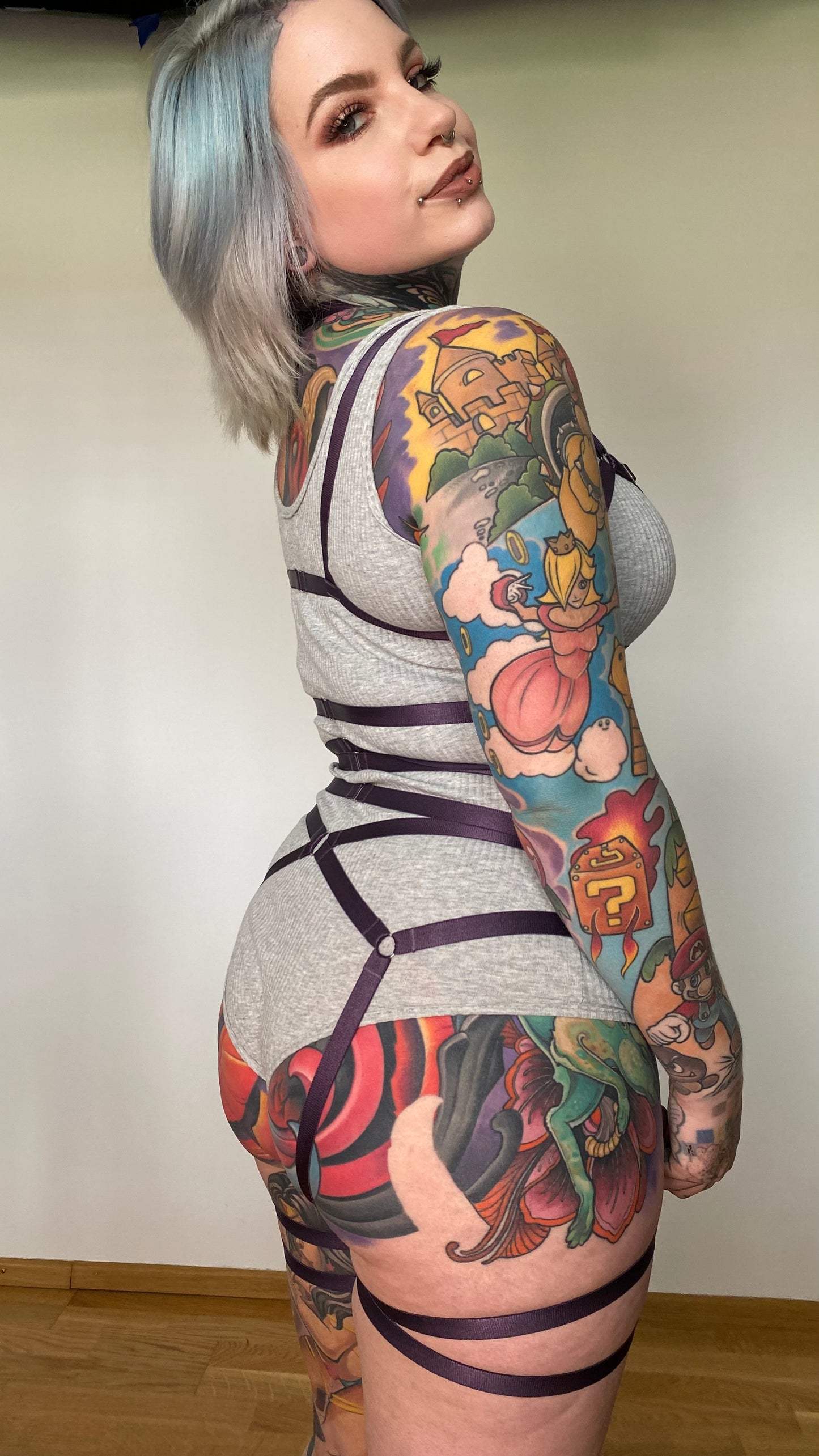 Persephone II - purple cage bra and leg garter belt harness lingerie