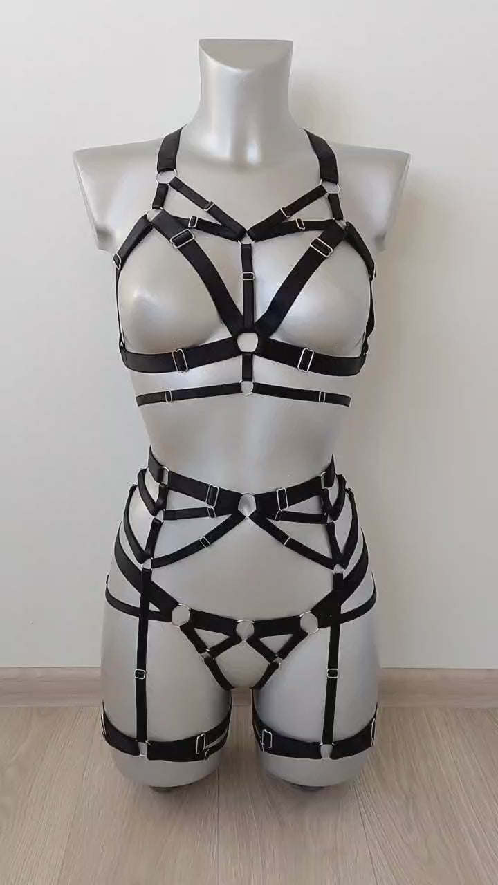 Red/black Sexy Body Harness Set/ Open Crotchless Panties/ Strappy